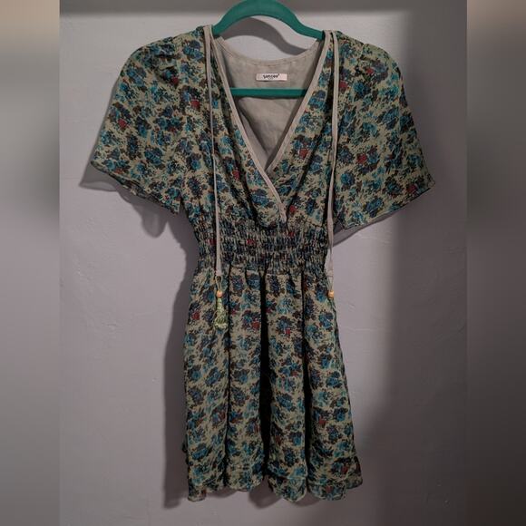SUNCOO Blue Tie Front Mini Dress with V-Neck - Picture 1 of 5